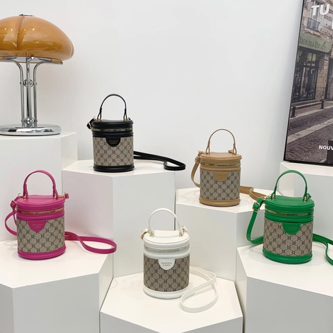 Bolso Bombonera Cilíndrico Vintage con Monograma para Mujer Cuero PU Color de Contraste Bolso de Hombro Bandolera Moda Casual Versátil