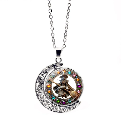 Halloween Roterende Maan Heks Hanger Halsketting Zinklegering Glas Tijd Edelsteen Magie Fantasie Stijl Sieraden Voor Dames Heren