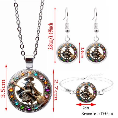 Halloween Hexe Schmuck Set Legierung Glas Strass Besen Hexe Zeitstein Cabochon Halskette Ohrringe Armband Für Party