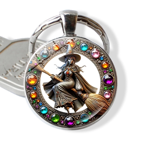 Hexe Auf Besenstiel Schlüsselanhänger Zinklegierung Glas Cabochon Rund Anhänger Strass Halloween Fantasy Gotik Tasche Zubehör