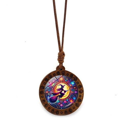 Collar Colgante Madera Vintage Bruja Ilustración Mágica Cúpula Vidrio Cuerda Trenzada Ajustable Joyería Gótica Halloween