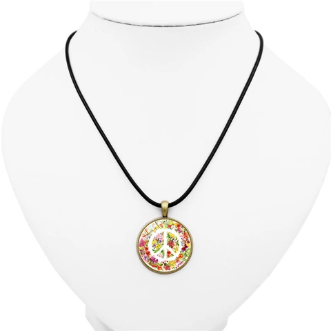 Vintage Zinc Alloy Glass Flower Peace Sign Pendant Necklace With Black Leather Rope Bohemian Ethnic Jewelry For Women Unisex
