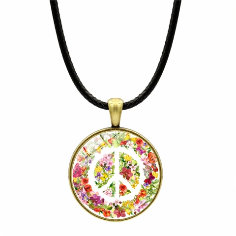 Vintage Zinc Alloy Glass Flower Peace Sign Pendant Necklace With Black Leather Rope Bohemian Ethnic Jewelry For Women Unisex