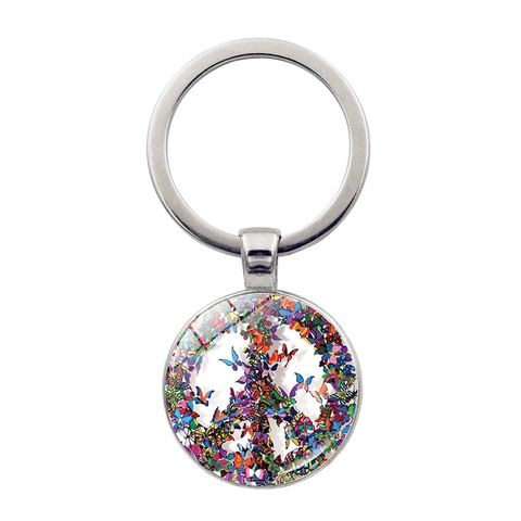 Boho Blume Schmetterling Friedenszeichen Schlüsselanhänger Zinklegierung Glas Cabochon Rund Anhänger Schlüsselring Für Damen Herren