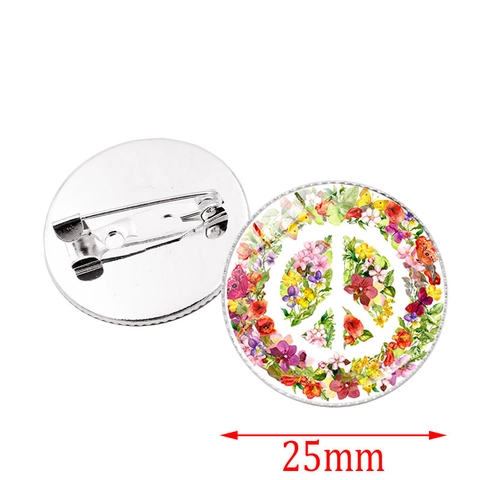 Vintage Round Peace Sign Brooch With Floral Butterfly Patterns Alloy Glass Cabochon Badge Pin For Clothing Bag Decoration