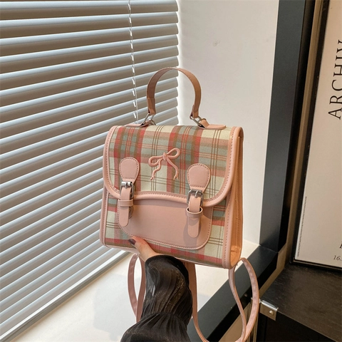 Zaino a Quadri da Donna di Moda in Pelle PU Stile Collegio Con Ricamo a Farfalla Doppia Fibbia Dolce Ragazza Borsa da Viaggio