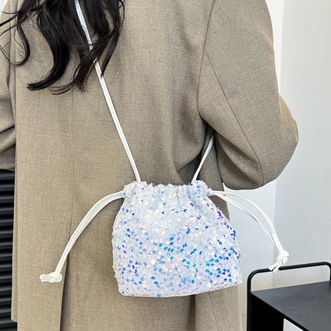 Women Shiny Sequin Drawstring Bucket Bag Fashion Shimmering Shoulder Crossbody Bag For Party Street Dating Glamorous Purse