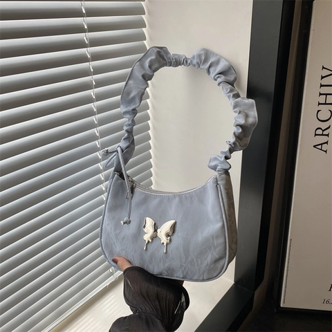 Women's Ruched Strap Armpit Bag Trendy PU Leather Shoulder Bag With Metal Butterfly Decor Chic Y2K Baguette Bag For Daily