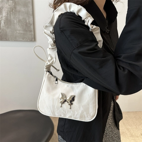 Women's Ruched Strap Armpit Bag Trendy PU Leather Shoulder Bag With Metal Butterfly Decor Chic Y2K Baguette Bag For Daily