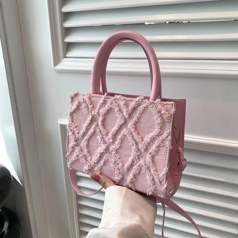 Bolso Cuadrado Pequeño para Mujer Cuero PU y Denim Minimalista Acolchado con Flecos Bolso de Hombro Cruzado Bolso de Diario