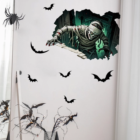 Halloween Wandaufkleber 3D Broken Wall Effekt Mumie Skelett Fledermäuse PVC Selbstklebend Festliche Dekoration