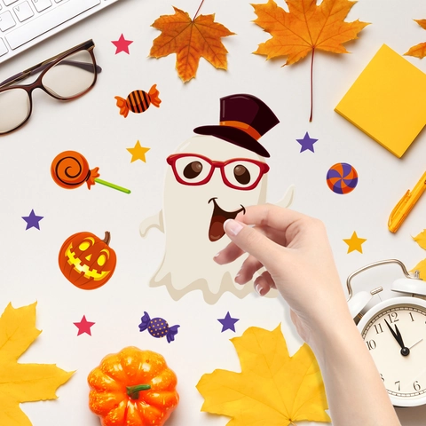 Adesivi Murali Halloween PVC Impermeabile DIY Decorazione Zucca Fantasma Motivo Caramelle Per Camera Bambini Festa