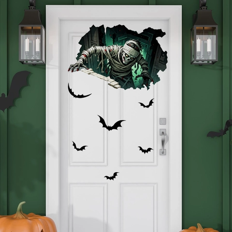 Halloween Muursticker 3D Gebroken Muur Effect Mummie Skelet Vleermuizen PVC Zelfklevend Feestelijke Decoratie