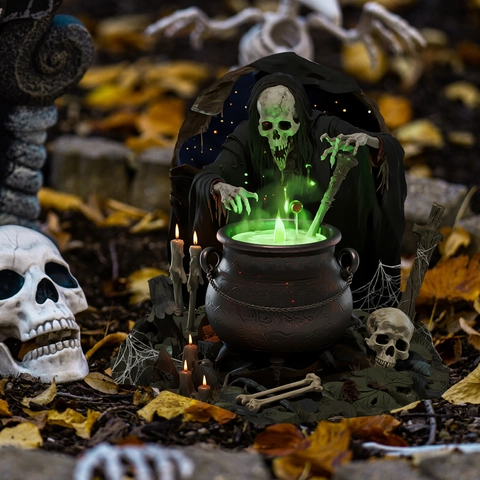 Decorazione Palo Da Giardino Halloween PVC Mago Scheletro Mescola Calderone Segno Esterno Horror Festa Decor