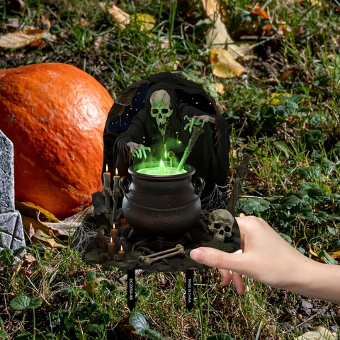 Decorazione Palo Da Giardino Halloween PVC Mago Scheletro Mescola Calderone Segno Esterno Horror Festa Decor
