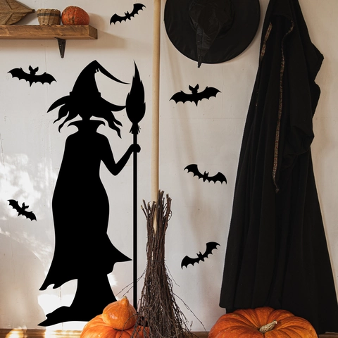 Autocollant Mural Halloween PVC Sorcière Chauve-souris Silhouette Amovible Auto-adhésif Décalcomanie Pour Salon Chambre Décor De Fête
