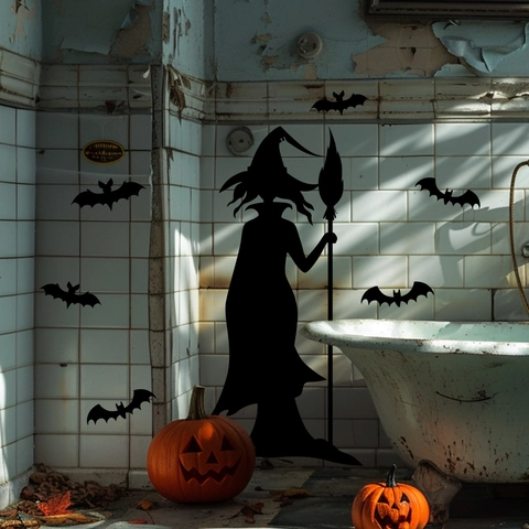 Autocollant Mural Halloween PVC Sorcière Chauve-souris Silhouette Amovible Auto-adhésif Décalcomanie Pour Salon Chambre Décor De Fête
