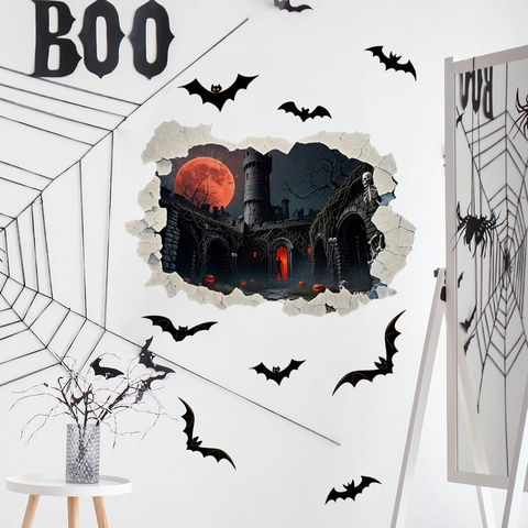 Adesivo Parete 3D Halloween Parete Rotta Castello Spettrale Luna Rossa Pipistrelli PVC Decalcomania Rimovibile Per Festa