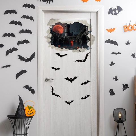 Adesivo Parete 3D Halloween Parete Rotta Castello Spettrale Luna Rossa Pipistrelli PVC Decalcomania Rimovibile Per Festa