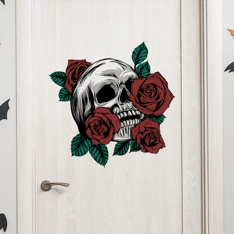 Adesivo da Parete Gotico Teschio Rosa Rossa PVC Autoadesivo Halloween Decalcomania per Soggiorno Camera da Letto Bagno Frigo
