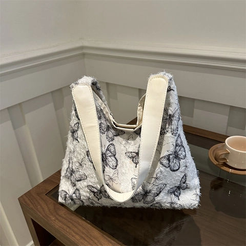 Retro Schmetterling Stickerei Tote Bag Große Kapazität Jacquard Stoff Fransen Kante Lässige Schultertasche Für Damen