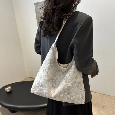 Retro Schmetterling Stickerei Tote Bag Große Kapazität Jacquard Stoff Fransen Kante Lässige Schultertasche Für Damen