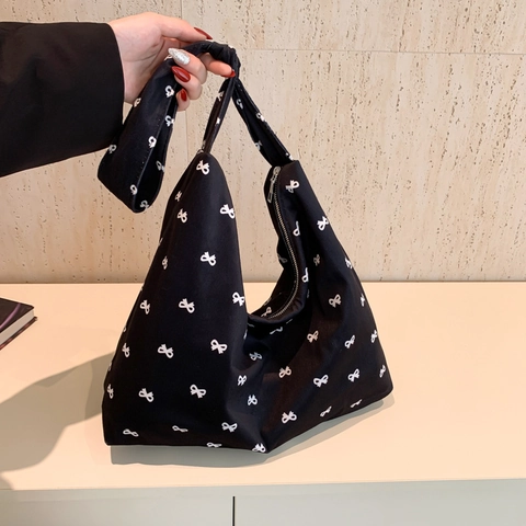 Bolso Bandolera De Lona Gran Capacidad Estampado Lazos Retro Minimalista Diario Commute Hobo Tote Para Mujeres Niñas