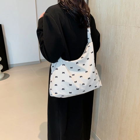 Bolso Bandolera De Lona Gran Capacidad Estampado Lazos Retro Minimalista Diario Commute Hobo Tote Para Mujeres Niñas