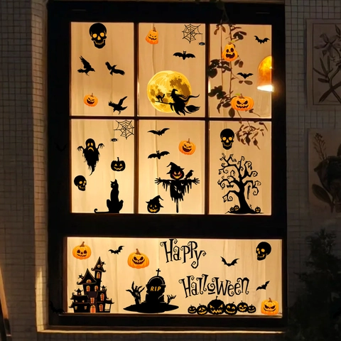 Adesivi Statici Per Finestre Halloween PVC Removibile Doppia Faccia Zucca Pipistrello Fantasma Decorazione Party