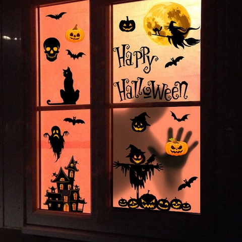 Adesivi Statici Per Finestre Halloween PVC Removibile Doppia Faccia Zucca Pipistrello Fantasma Decorazione Party