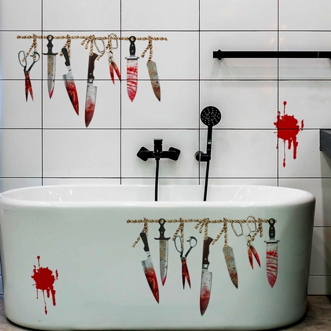 Halloween Adesivi Murali Coltelli Insanguinati Horror Falce Forbici Decorazione Cucina Bagno PVC Rimovibile Autoadesivo Decalcomanie da Parete