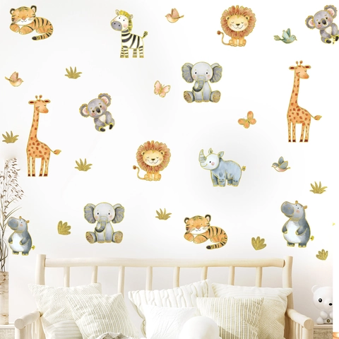Adesivi Murali Animali Cartoni Animati per Cameretta Neonati Decoro Acquerello Leone Tigre Giraffa PVC Stampa Oro