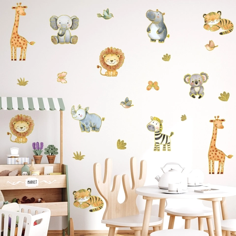 Adesivi Murali Animali Cartoni Animati per Cameretta Neonati Decoro Acquerello Leone Tigre Giraffa PVC Stampa Oro