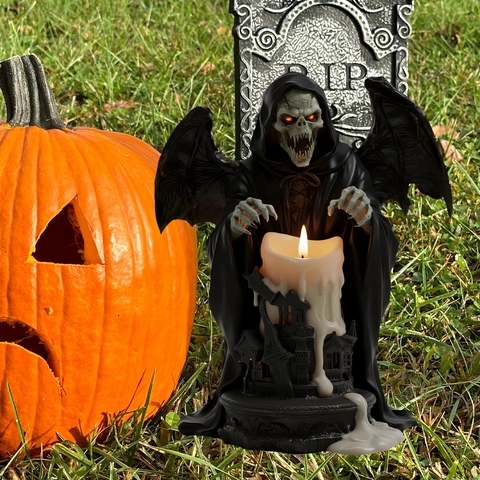 Piquet de Jardin en PVC Halloween Faucheuse Gothique Squelette Bougie Décoration de Cour Extérieure Ornement Festif