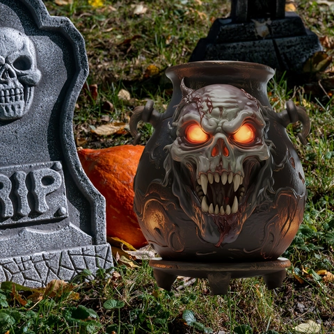 Paletto da Giardino a Forma di Teschio di Halloween Decorazione da Cortile in PVC Piatto 2D Volto di Scheletro Sorridente Effetto Occhi Luminosi Forniture per Feste di Halloween all'Aperto