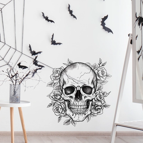 Halloween Skull Rose Wall Sticker PVC Gothic Hand Drawn Self Adhesive Decal For Living Room Bedroom Bathroom Background Decor
