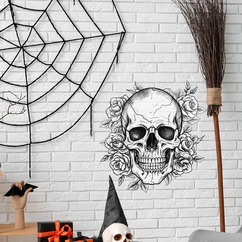 Halloween Skull Rose Wall Sticker PVC Gothic Hand Drawn Self Adhesive Decal For Living Room Bedroom Bathroom Background Decor
