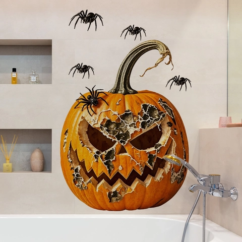 Vinilo de Pared Halloween Calabaza Jack O Lantern Araña Pintado a Mano para Sala de Estar Dormitorio Decoración Festiva Hogar