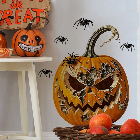 Vinilo de Pared Halloween Calabaza Jack O Lantern Araña Pintado a Mano para Sala de Estar Dormitorio Decoración Festiva Hogar