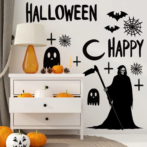 Autocollant Mural Halloween PVC Faucheuse Chauve-souris Fantôme Silhouette Auto-adhésif Amovible Décoration Salon Chambre Fête