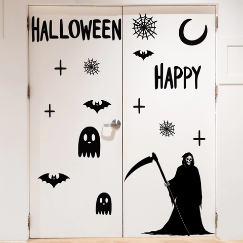 Autocollant Mural Halloween PVC Faucheuse Chauve-souris Fantôme Silhouette Auto-adhésif Amovible Décoration Salon Chambre Fête