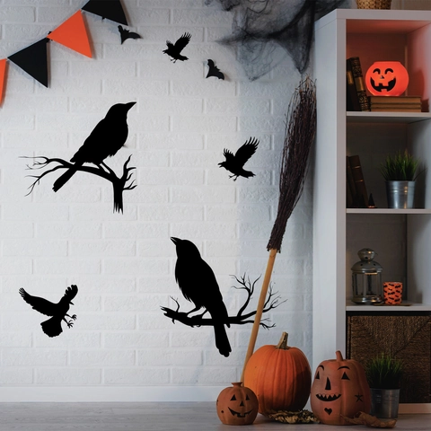 Pegatinas de Pared de Halloween Silueta Negra PVC Cuervo Bruja Murciélago Calcomanías para Hogar Fiesta Festival Decoración