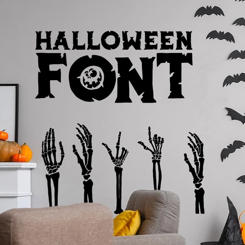 Adesivo da Parete a Mano di Scheletro di Halloween Decalcomania in PVC Rimovibile per Soggiorno Camera da Letto Bagno Festa Casa Decorazione