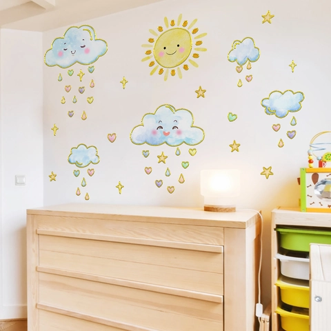Lindos Vinilos de Pared de Dibujos Animados Sol Nube Estrella Con Papel de Oro Estampado Acuarela PVC Dormitorio Infantil Decoración