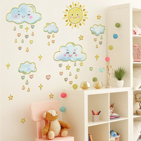 Lindos Vinilos de Pared de Dibujos Animados Sol Nube Estrella Con Papel de Oro Estampado Acuarela PVC Dormitorio Infantil Decoración