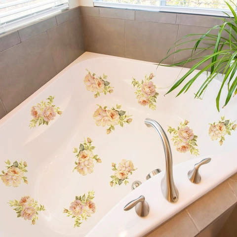 Hand Painted Pink Rose Floral Wall Decals With Gold Stamping Waterproof PVC DIY Flower Stickers For Living Room Bedroom Bathroom Decor