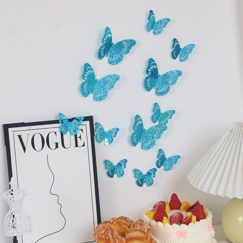 Autocollants Muraux Papillon 3D Paillettes Creux Bleu Décalcomanies Décoratives Pour Maison Salon Chambre Mariage Fête