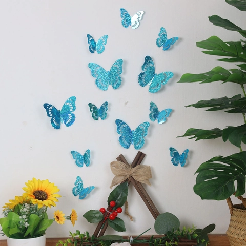 Autocollants Muraux Papillon 3D Paillettes Creux Bleu Décalcomanies Décoratives Pour Maison Salon Chambre Mariage Fête