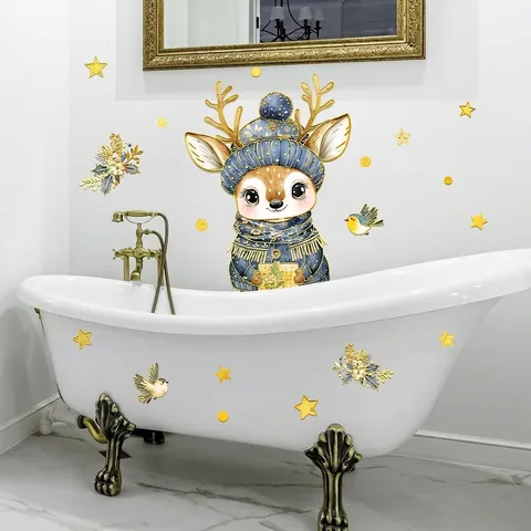 Cartoon Reindeer Christmas Wall Stickers Gold Foil PVC Waterproof Window Decals For Living Room Bedroom Holiday Home Decor
