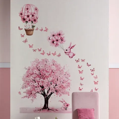 Pink Kirschblütenbaum Hase Schmetterling Wandaufkleber PVC Selbstklebend Wasserdicht Abnehmbar Für Kinderzimmer Schlafzimmer